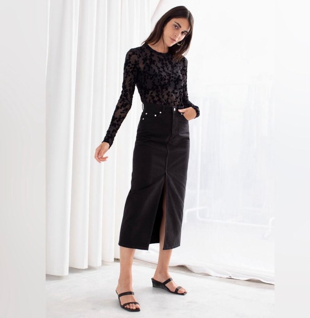 & OTHER STORIES Stockholm Atelier Black Front Split Denim Midi Skirt Size 4